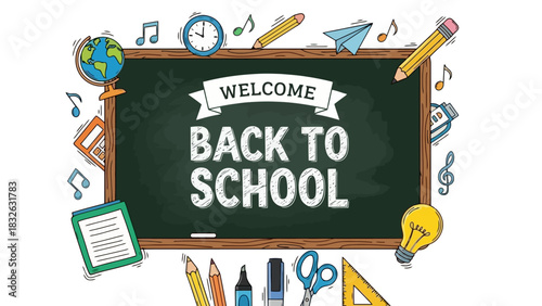 Vibrant educational banner concept featuring a central chalkboard surrounded by colorful, hand-drawn school supply doodles and learning icons