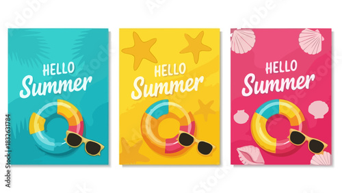 Summer Fun Three Colorful Beach Holiday Banners with Inflatable Rings