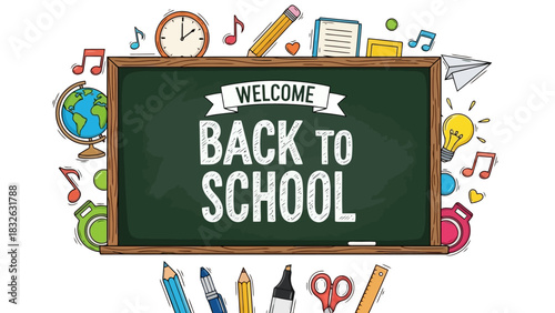 Cheerful 'Welcome Back to School' illustration on a green chalkboard, adorned with colorful hand-drawn essential learning and education supplies, symbolizing new academic beginnings