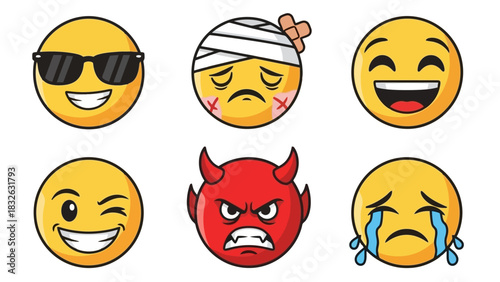 A collection of six vector cartoon emoticons showcasing a variety of expressions and emotions, including happiness, sadness, anger, and coolness