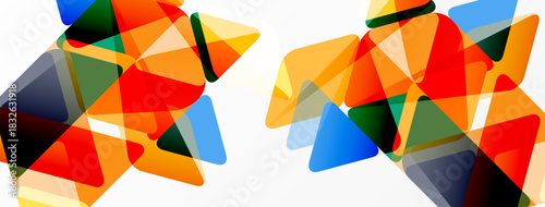 Abstract geometric shapes overlap, creating vibrant color patterns. Orange, red, blue dominate composition. Modern design elements present.