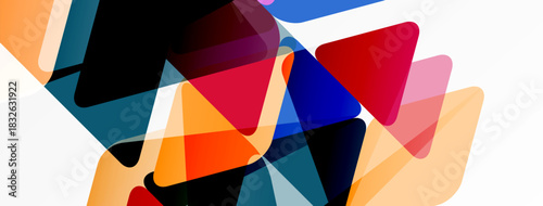 Abstract geometric shapes overlap, creating vibrant color blends. Composition features triangles, curves, transparency, modern design elements.