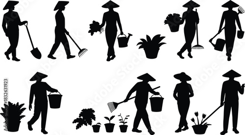 Collection of Asian farmers and gardeners in conical straw hats working with plants, rakes, and shovels.