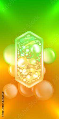 Probiotic and Hyaluronic acid skin solutions ad, green and gold collagen, and vitamin serum drop with cosmetic advertising background ready to use illustration vector.