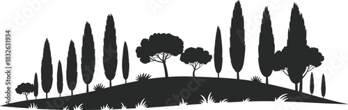Black silhouette of a classic Italian or Tuscan countryside landscape with cypress and various trees on a hill.