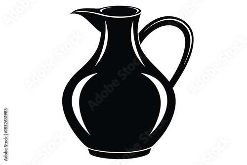 Black simplistic pitcher has a spout, handle, and vaselike body in an illustration