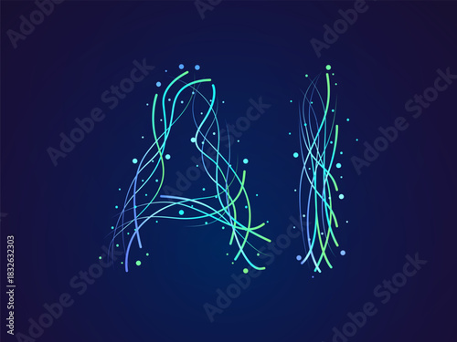 Artificial intelligence with Abstract Letter AI Curved dynamic lines Movement on blue dark background vector design concept. AI technology for advance technology, automation, data visualization, robot