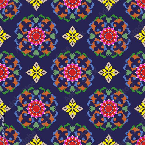 Multicolor damask ethnic floral seamless pattern. Vector abstract kaleidoscope fabric design texture.  Retro vintage style. Ideas for textiles, wallpapers, rugs, curtains, and tapestry art.