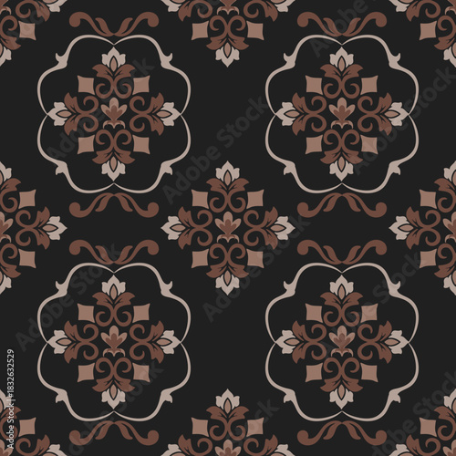 Brown and black vector damask seamless pattern. Abstract elegant luxury texture for wallpapers, backgrounds, textiles, and page fill. Victorian style, baroque style. Vintage-style fabric. 