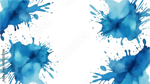 Blue watercolor background with water splash paint and artistic ink splatter texture