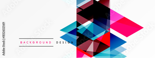 Abstract geometric shapes overlap, creating vibrant design. White space dominates, with text labels below. Modern aesthetic, clean lines present.