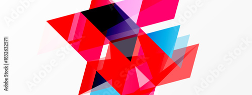 Abstract geometric shapes overlap, creating vibrant color contrasts. Pink, red, blue, purple dominate white background. Modern design.