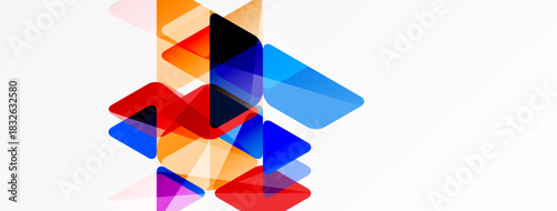 Abstract composition. Overlapping colorful squares, rectangles create dynamic visual effect. Bright hues contrast white background. Modern design.