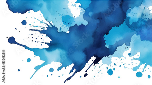 Blue watercolor background with water splash paint and artistic ink splatter texture