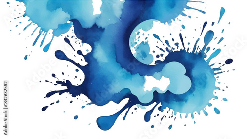 Blue watercolor background with water splash paint and artistic ink splatter texture