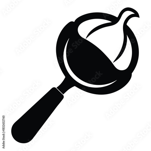 Black silhouette of a magnifying glass shows a pearshaped object inside it