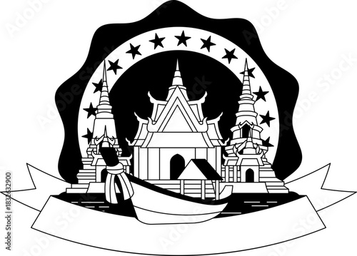 black and white illustration of a thai temple with longtail boat logotype