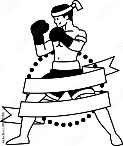 black and white illustration of a male thai boxer
