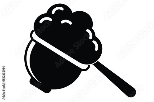 Black silhouette illustrates a cooking pot overflowing with cloudlike contents and a handle