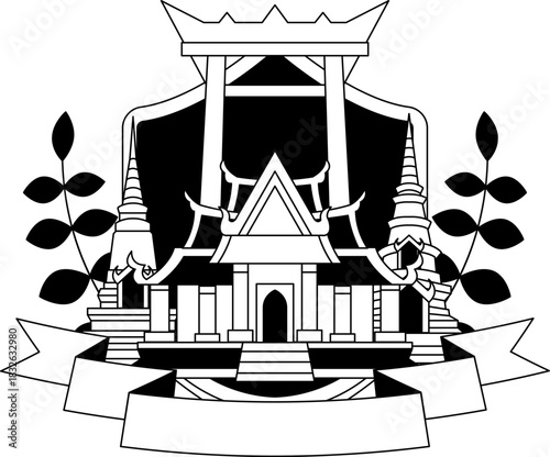 black and white illustration of a thai temple and thai gate