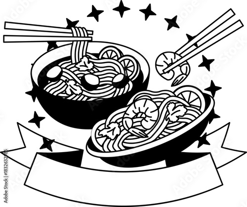 black and white illustration of a padthai and noodle
