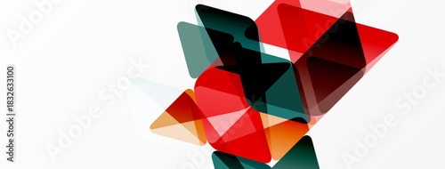 Abstract geometric shapes overlap, creating vibrant red, green, orange hues. Minimalist design with white background. Modern composition.