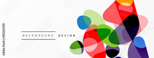 Abstract colorful shapes overlap white space. Modern design elements create dynamic visual texture. Simple, clean aesthetic.