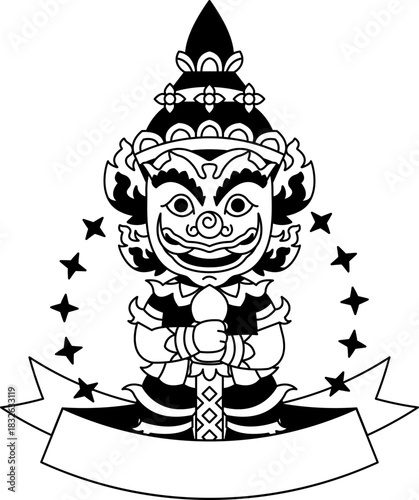 black and white illustration logotype of a Thai Royal Grand Palace giant