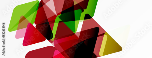 Abstract geometric shapes overlap, creating vibrant color blends. Green, red, brown tones dominate white background. Modern design element.