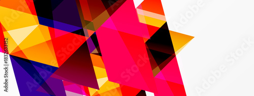 Abstract geometric shapes, vibrant colors, dynamic composition. Bold reds, purples, yellows create striking visual impact. Modern design.