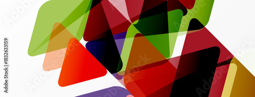 Abstract geometric shapes overlap, creating vibrant color blends. Composition features triangles, rectangles, curves, dynamic visual energy.