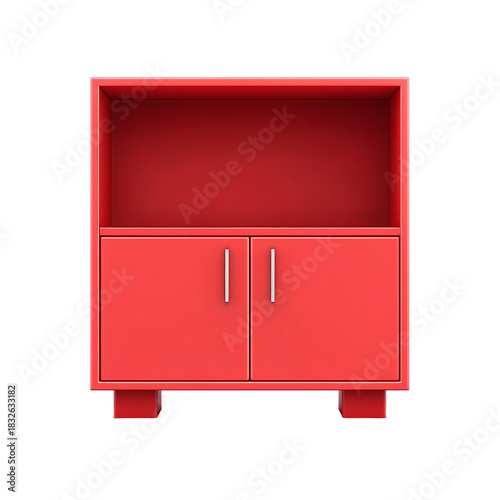 Red cabinet with two doors and shelves
