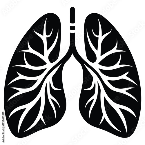 Simple stylized human lungs are represented in black and white using a graphic