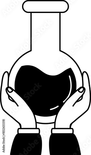 black and white of two hands holding a beaker