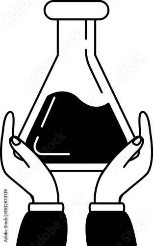 black and white of two hands holding a beaker