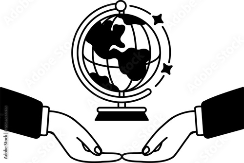 black and white of two hands holding a globe is in the middle