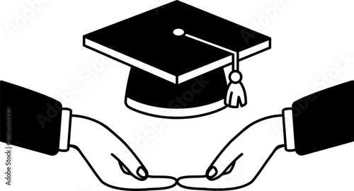 black and white of two hands holding an educate cap