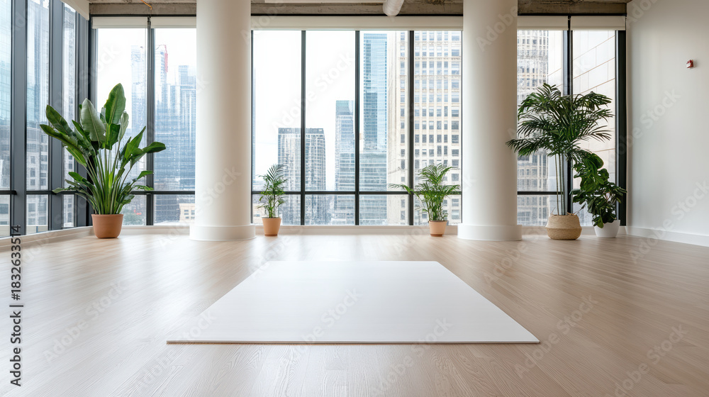 Fototapeta premium Spacious bright yoga studio with large windows, city skyline view and indoor plants