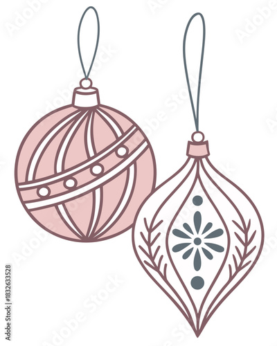 minimal pair of Christmas ornaments, one round and one teardrop shape, soft pastel color palette, thin hanging strings, clean scandi design, isolated on white, vector illustration
