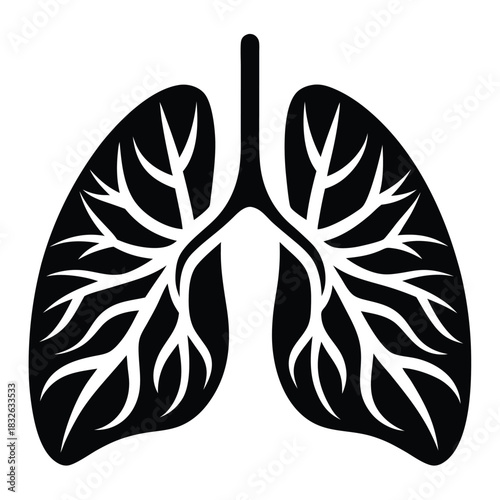 Black lung silhouette showcases intricate bronchial branches extending from the trachea within a body