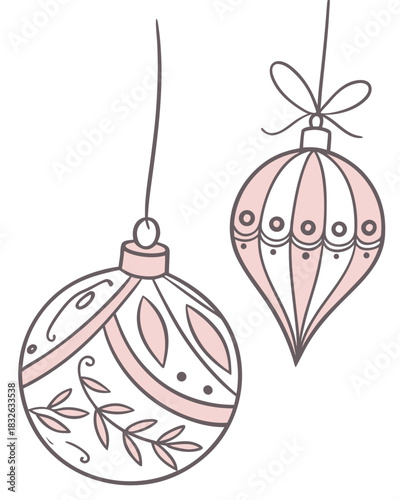 minimal pair of Christmas ornaments, one round and one teardrop shape, soft pastel color palette, thin hanging strings, clean scandi design, isolated on white, vector illustration
