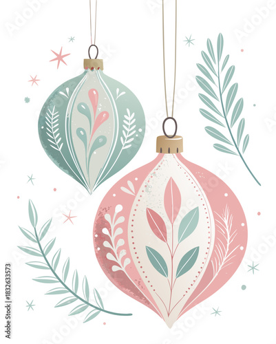 minimal pair of Christmas ornaments, one round and one teardrop shape, soft pastel color palette, thin hanging strings, clean scandi design, isolated on white, vector illustration
