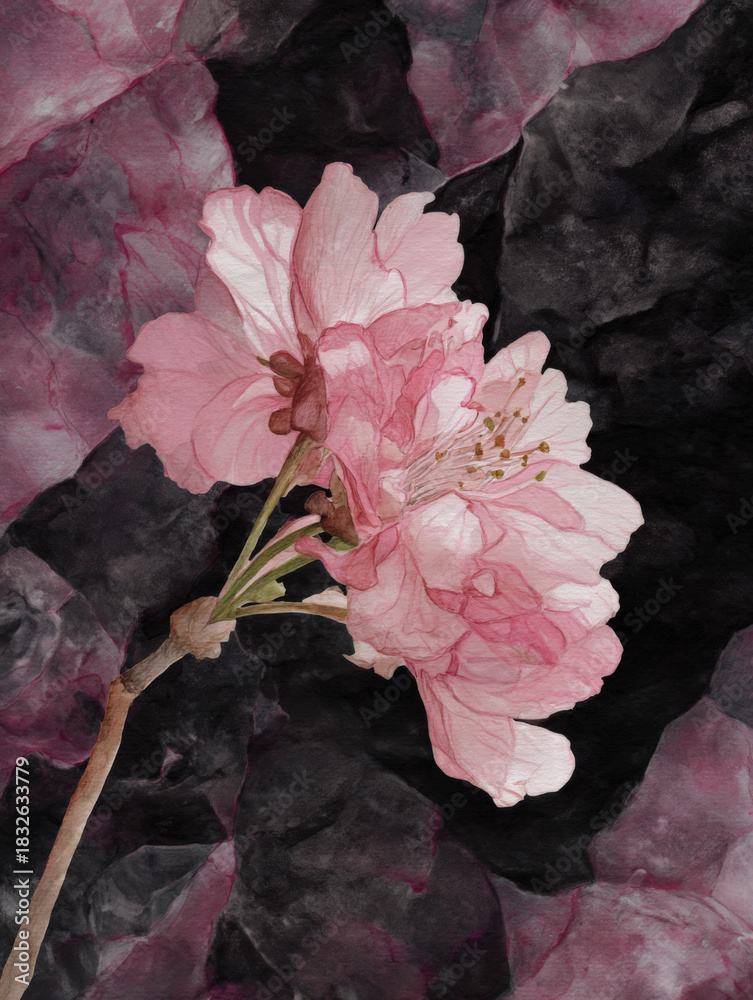 custom made wallpaper toronto digitalElegant Pink Cherry Blossom Watercolor Painting on Dark Textured Background, Floral Art Illustration for Spring, Feminine Design, and Artistic Projects