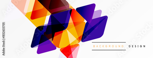 Abstract geometric shapes overlap, creating vibrant colorful background. Modern design utilizes gradients, angles, layers.