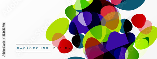Abstract colorful shapes overlap white space. Modern design elements create vibrant visual texture. Background includes text labels.