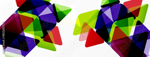 Abstract composition featuring overlapping translucent triangles. Vibrant colors create dynamic visual texture. Modern design element.