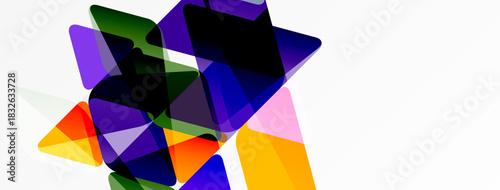 Abstract composition featuring overlapping translucent shapes. Colors include purple, blue, orange, yellow, green, black. Minimalist design, modern aesthetic.