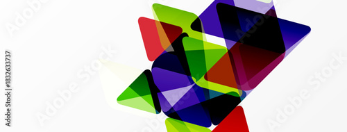 Abstract geometric shapes overlap, creating vibrant color blends. Composition features triangles, dynamic energy, modern design.