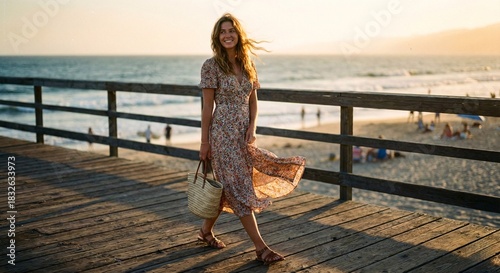 Woman Strolling On Beach Pier At Sunset