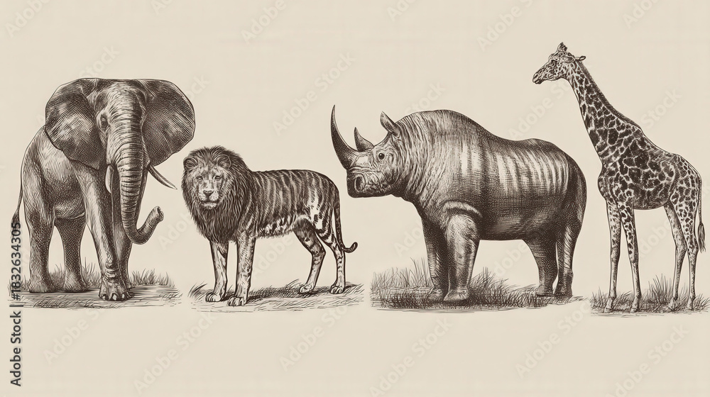 custom made wallpaper toronto digitalVintage Style Illustration of African Animals: Elephant, Lion, Rhinoceros, and Giraffe in Detailed Engraving Style on Beige Background